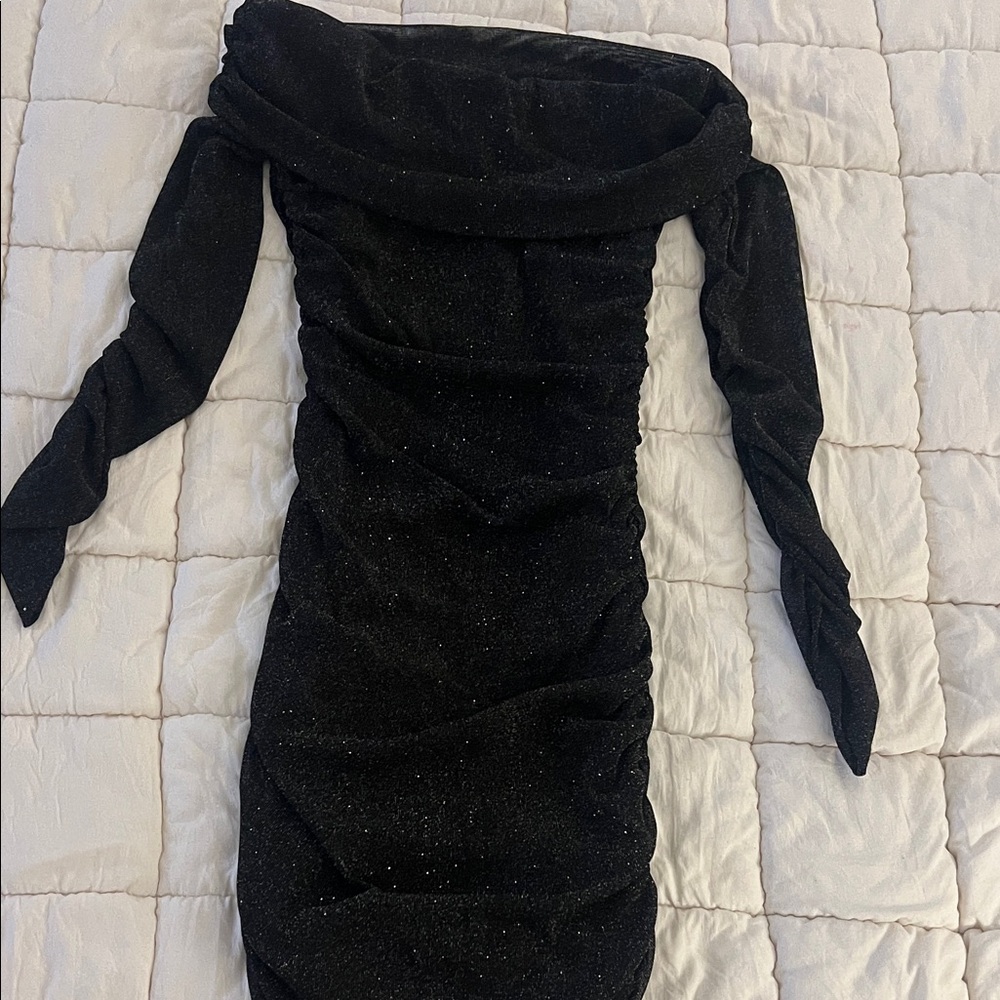 Off-Shoulder Black Sparkle Long-Sleeve Ruched Dress